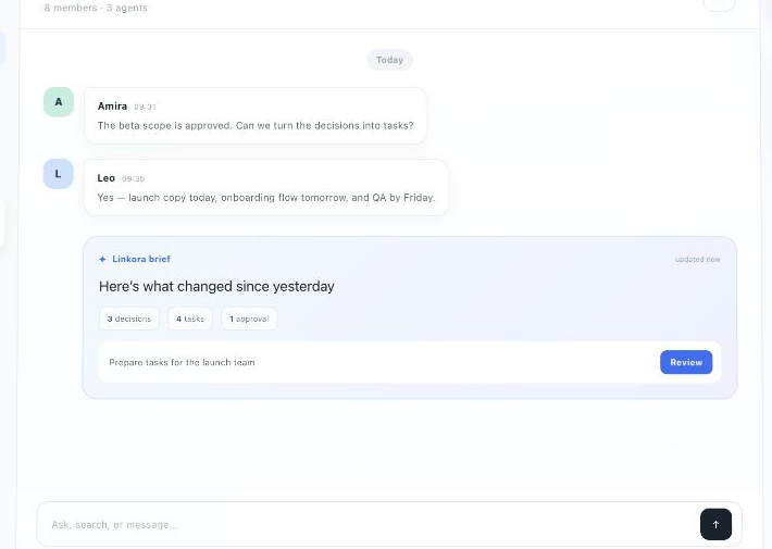 Linkora AI summary concept with decisions and assigned tasks